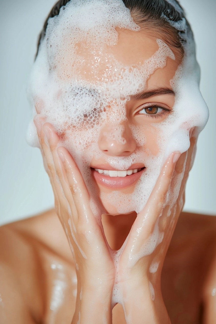 Clean Skin is Healthy Skin Woman Washing Face with Facial Cleanser and Soap Suds in Close-Up Stock Image