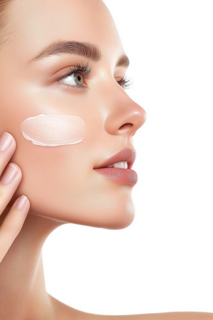 Close-Up of Beautiful Woman’s Left Cheek with Face Cream in Studio on White Background