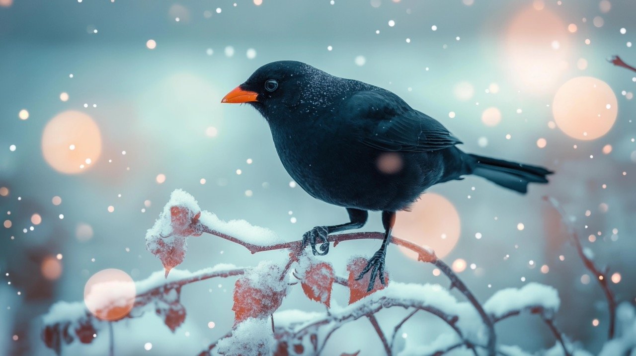 Close-Up of Blackbird in Winter Wonderland Snowy Background with Chilly Vibes for Stock Photography