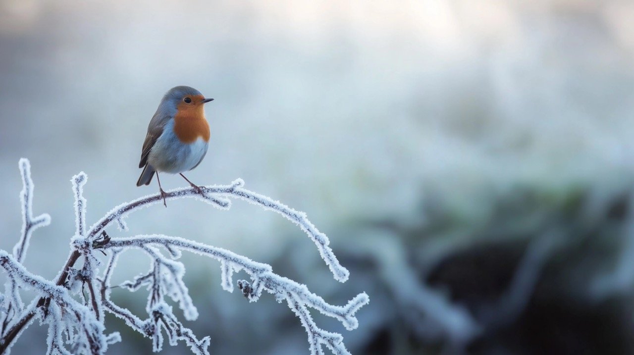 Close-Up of European Robin on Frosty Branch with Defocused Snowy Winter Background