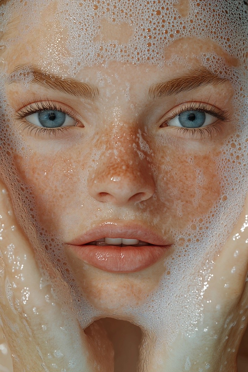 Close-Up of Model’s Face with Blue Eyes, Freckles, Blonde Hair, Holding Hand Soap for Beauty Stock Image