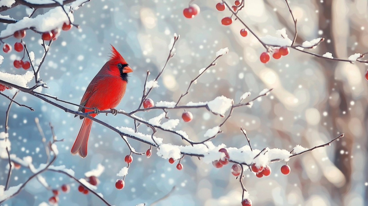 Close-Up of Red Cardinal Bird Perched on Snowy Tree Branch in Winter Stunning Wildlife Stock Photo