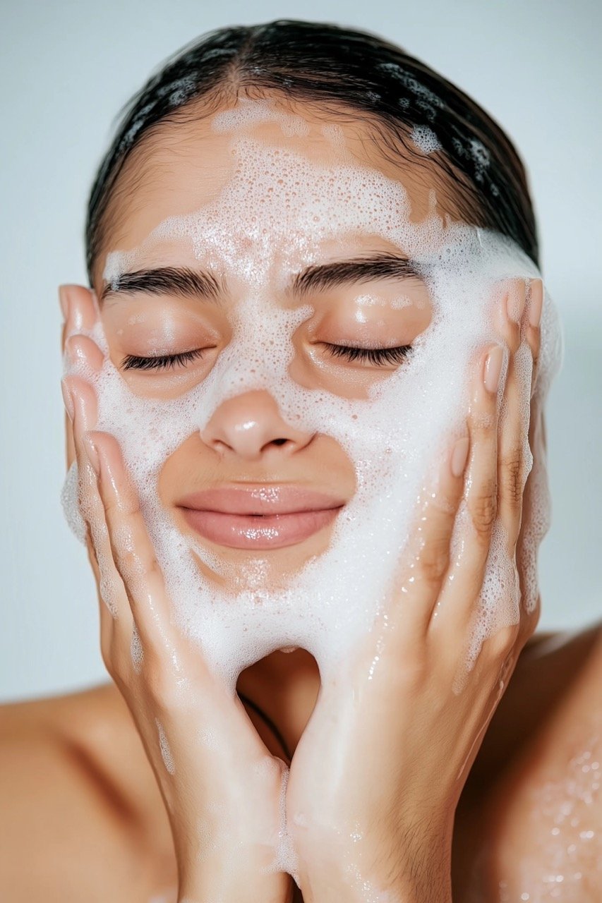 Close-Up of Woman Washing Face with Soap Suds and Facial Cleanser for Healthy and Clean Skin