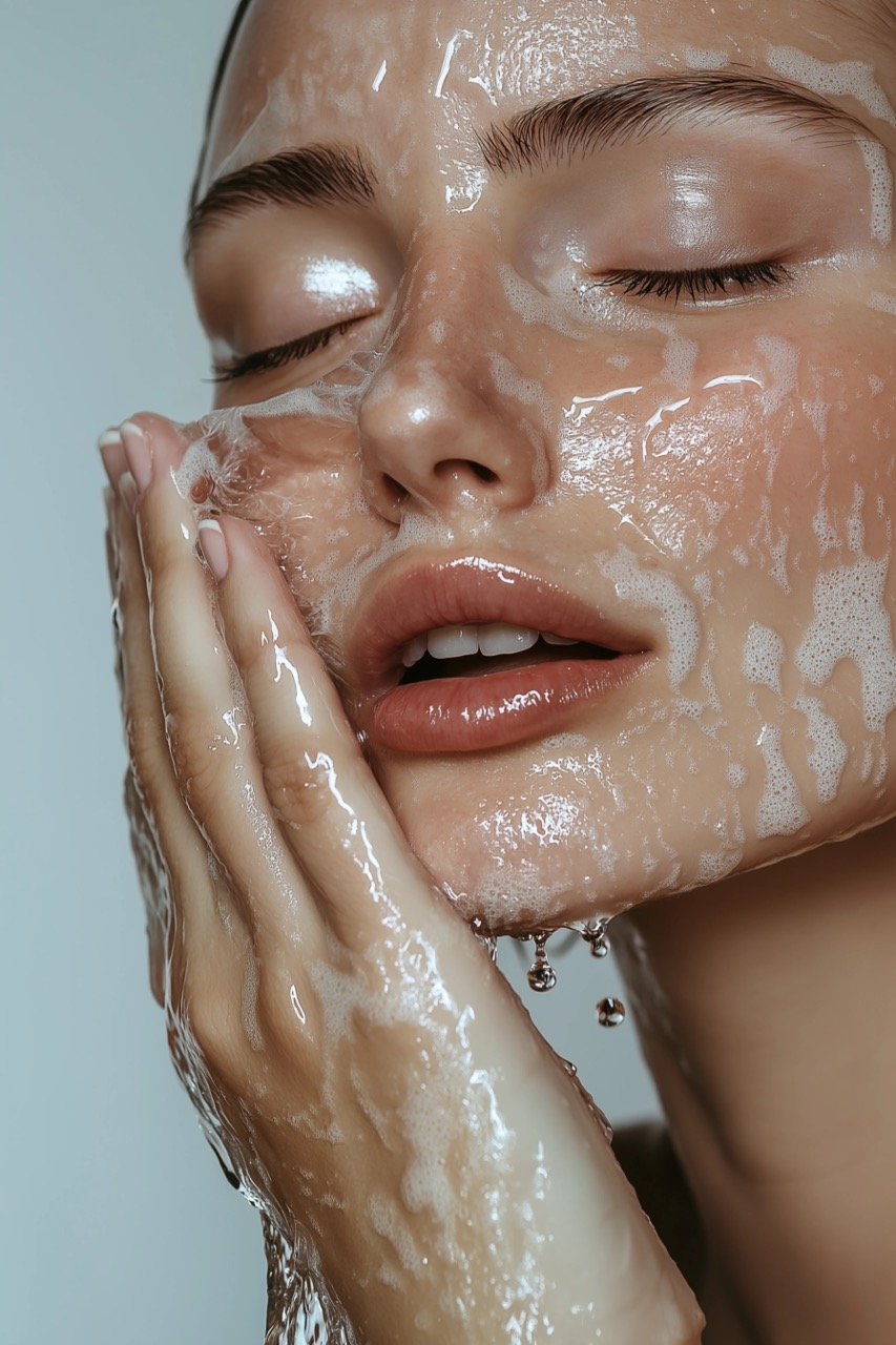 Close-Up of Woman Washing Face with Water Drops and Radiant Skin on White Background