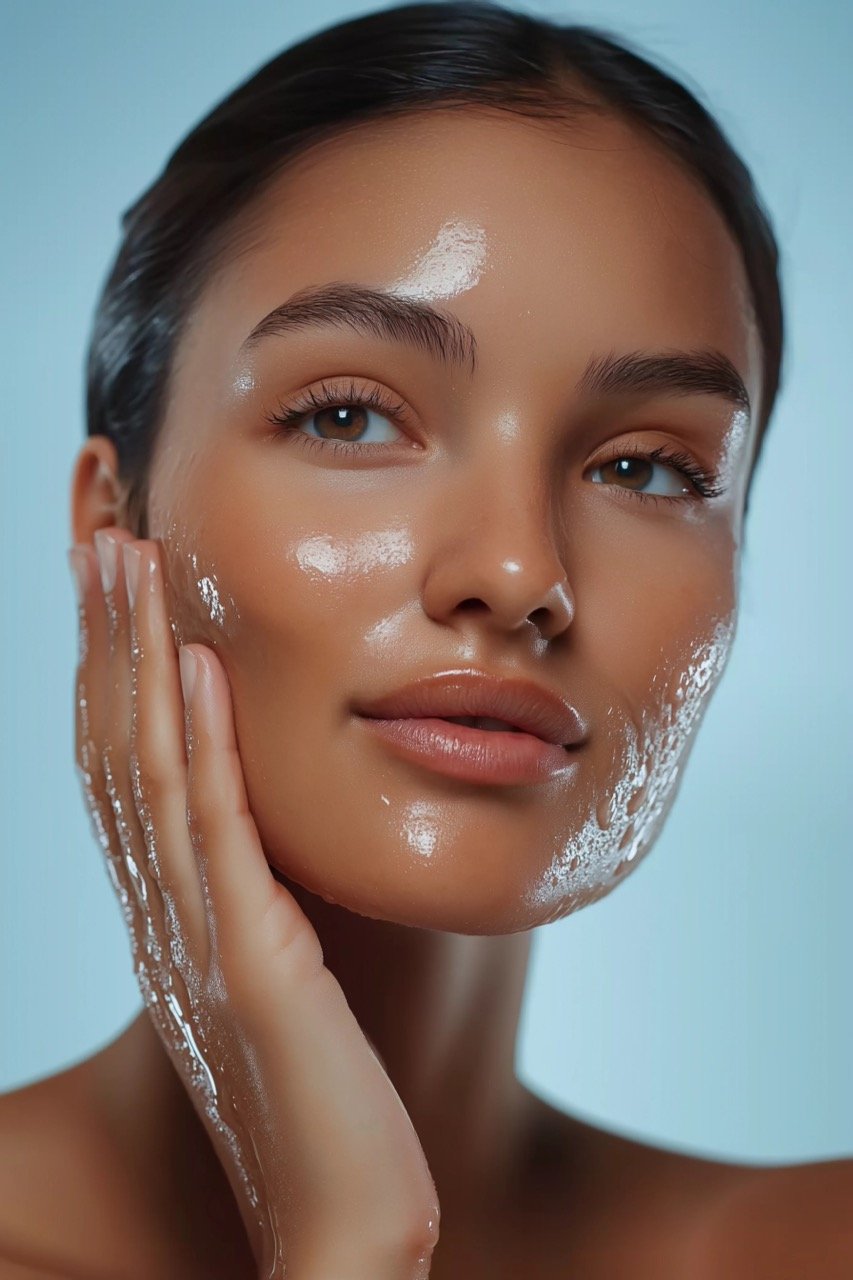 Close-Up of a Beautiful Woman’s Face with Hydrated Skin Highlighting Cosmetics and Skincare in Studio