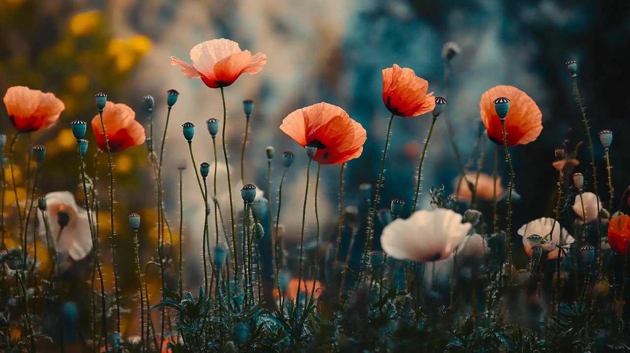 Close-up of blooming poppies in a small field with vibrant summer wildflowers, natural beauty.