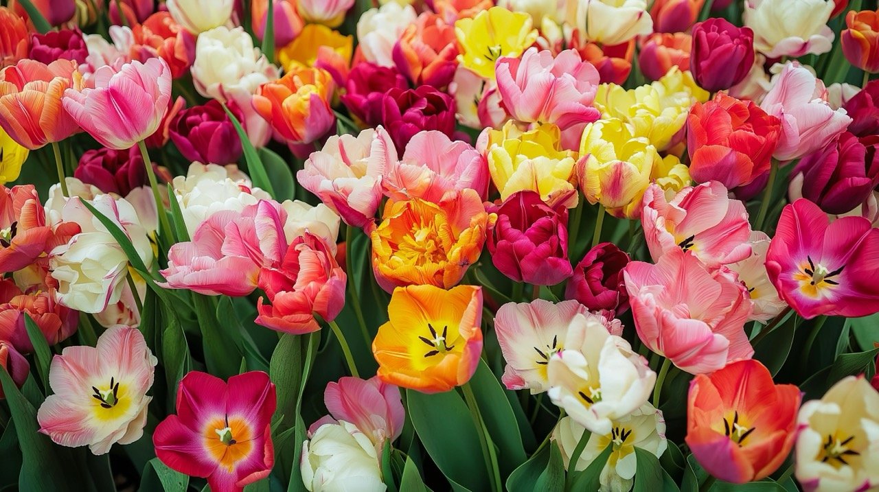 Close-up of colorful tulips blooming in Keukenhof park’s garden, a vibrant floral spring background.