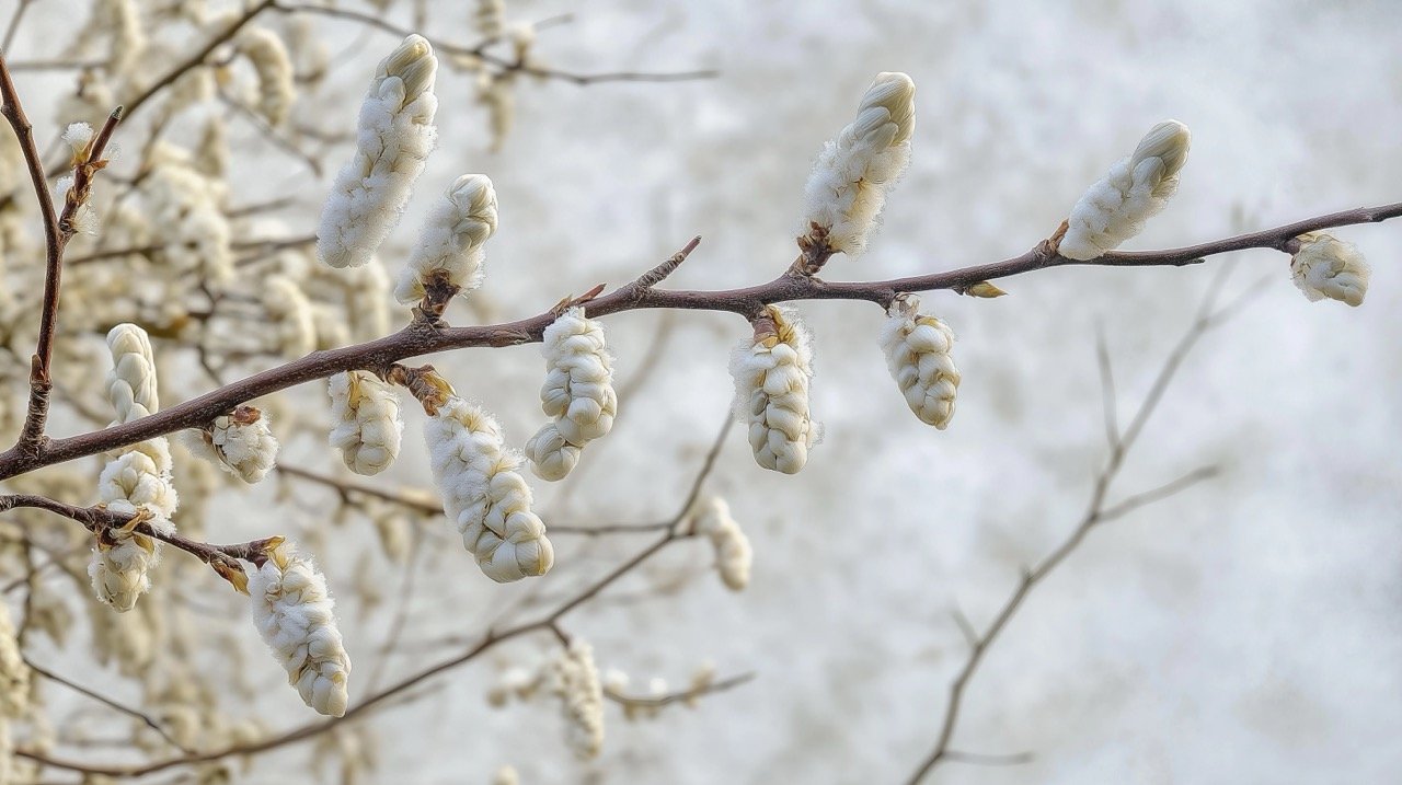 Close-up of willow catkins in winter, showcasing the transition to spring with white flowers and botany.