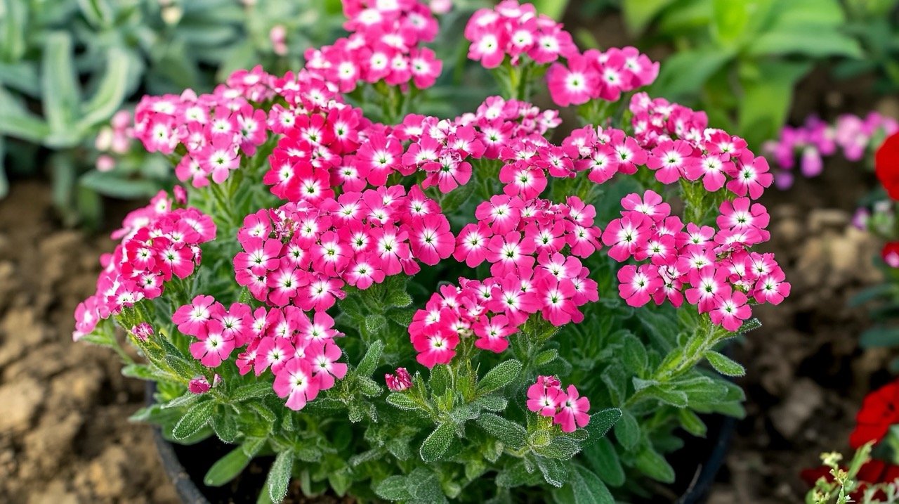 Close-up shot of verbenas, long-blooming flowers, capturing their beauty and botanical essence in vibrant detail.