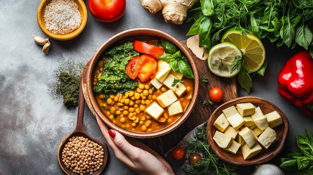 Colorful and healthy vegetarian meal with vegetables, pesto, lentil curry, and tofu for a balanced diet