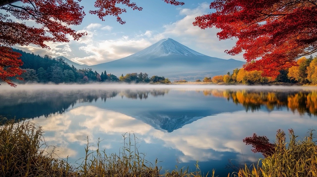 Colorful autumn season at Mount Fuji, with morning fog and red leaves at Lake Kawaguchiko in Japan.