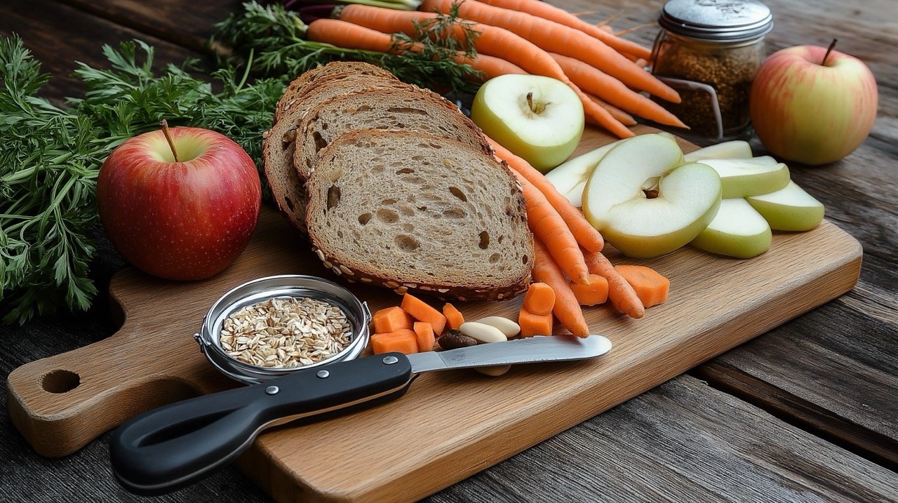 Conceptual healthy diet image featuring apple, bread, carrot, and nutritious foods for a balanced meal