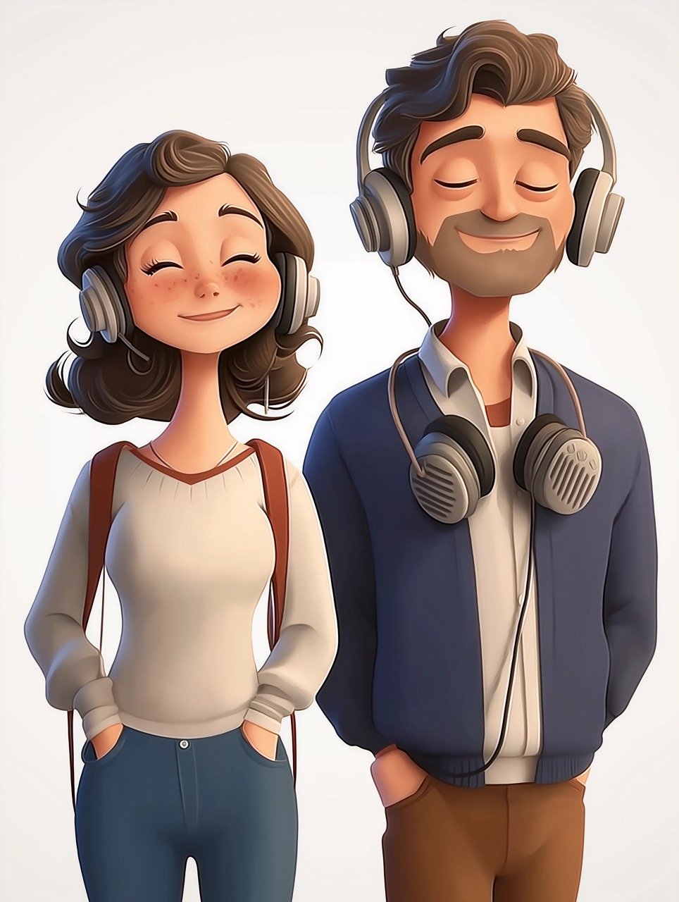 Creative Generative AI Cartoon Couple Listening to Music deal Stock Illustration for Modern Love and Music Themes