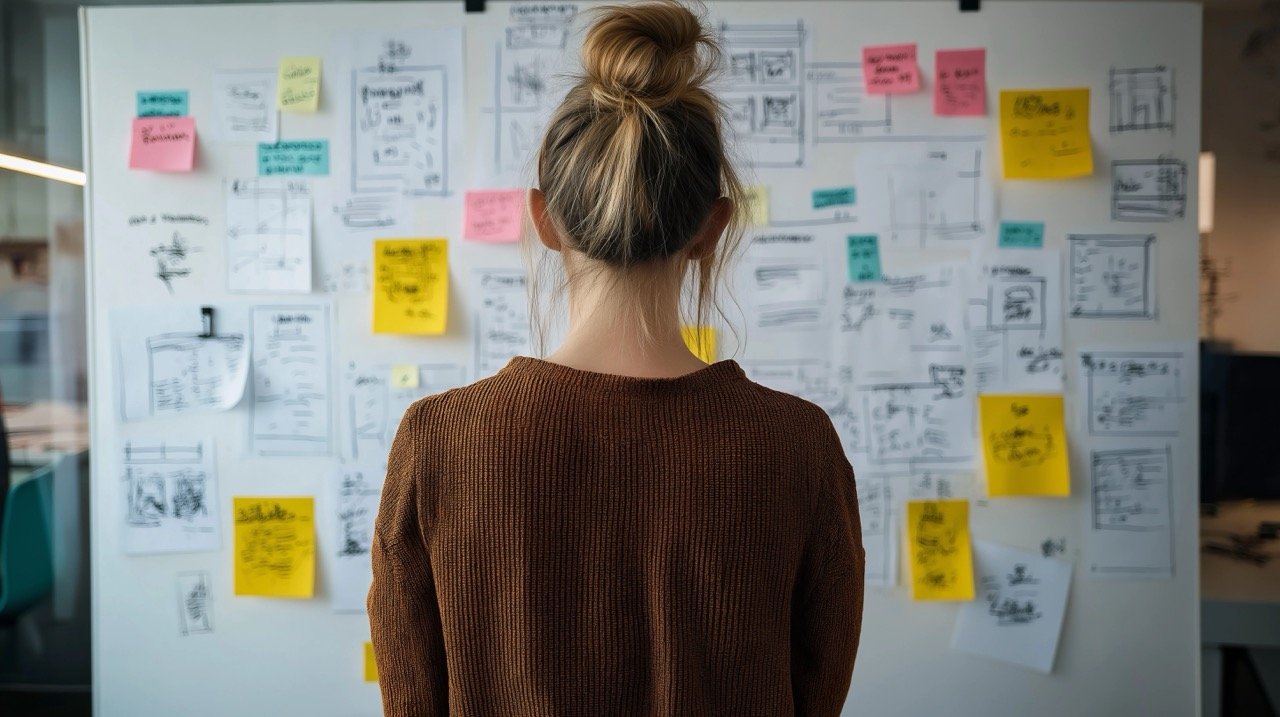 Creative Office Setting Woman Sketching Business Plan Focused on Strategy, Marketing, and Planning