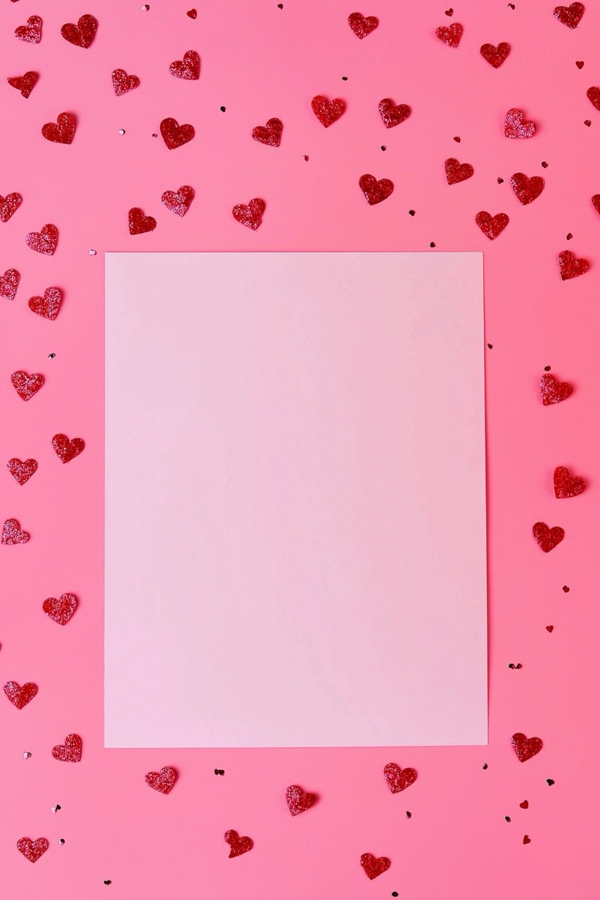 Creative Valentine’s Day concept with blank card mock-up, red hearts confetti on pink background.