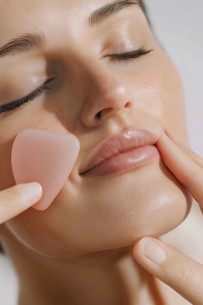 Crop of Woman Using Gua Sha Tool for Beauty and Skincare Self Face Massage Stock Photography