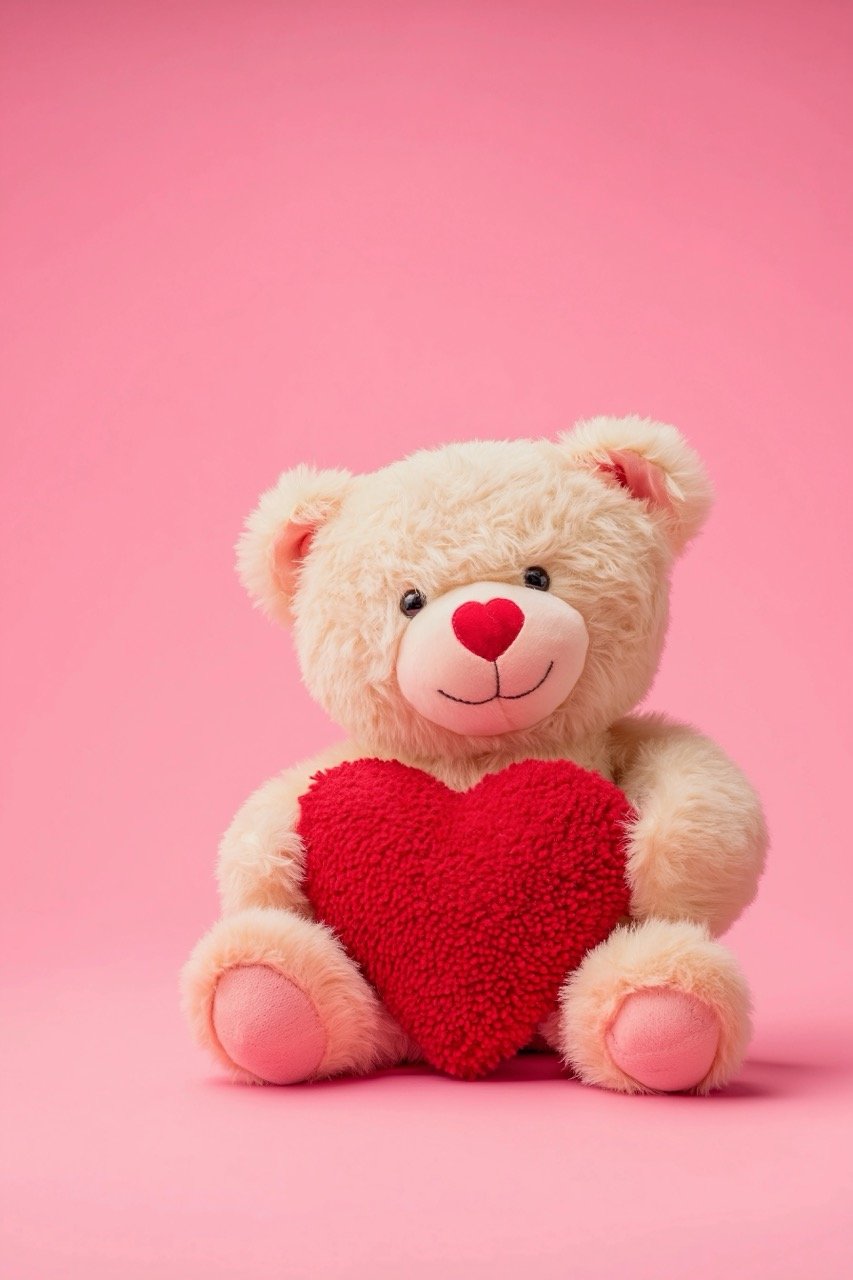 Cute teddy bear holding a large red heart, isolated on pink background for Valentine’s Day concept.