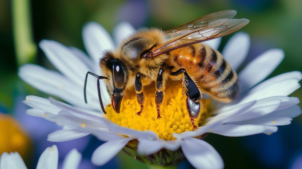 Daisy Flower with Honeybee – Wild Animal Close-Up Photography in Natural Habitat of India.