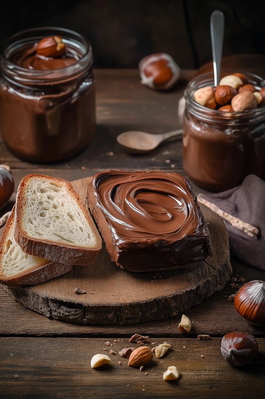 Delicious Chocolate Hazelnut Spread on Bread Rustic Food Stock Photo for Recipe Ideas and Marketing