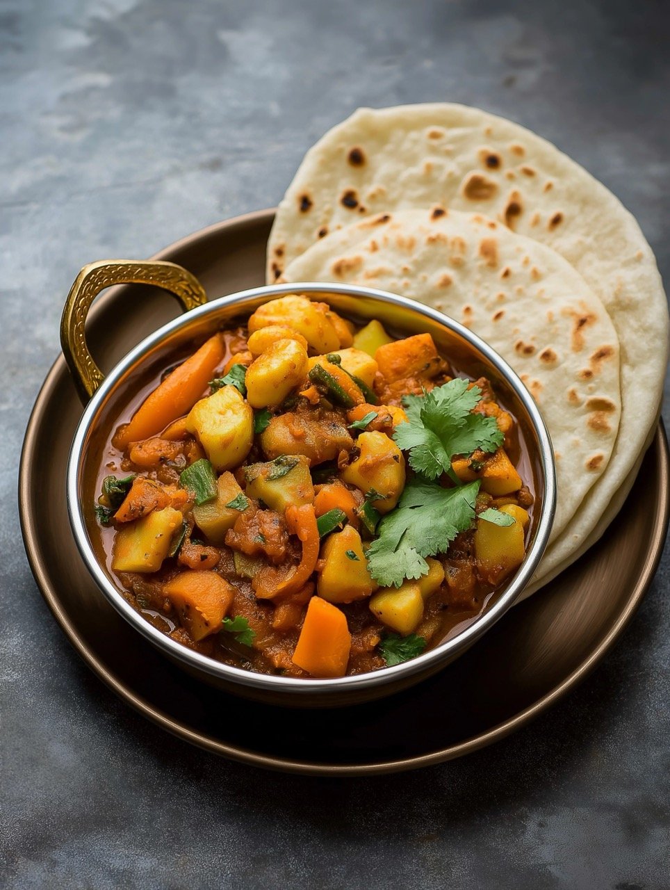 Delicious Indian Mixed Veg Recipe with Chapati, Aloo Gobi, and Flavorful Vegetables Served in a Bowl