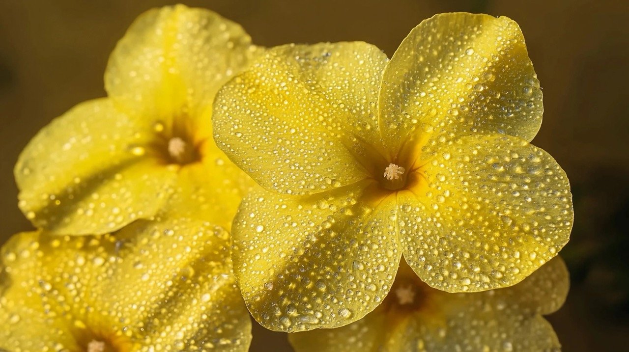 Dew-covered yellow flax flowers blooming in the morning, with droplets on petals and a vibrant background.