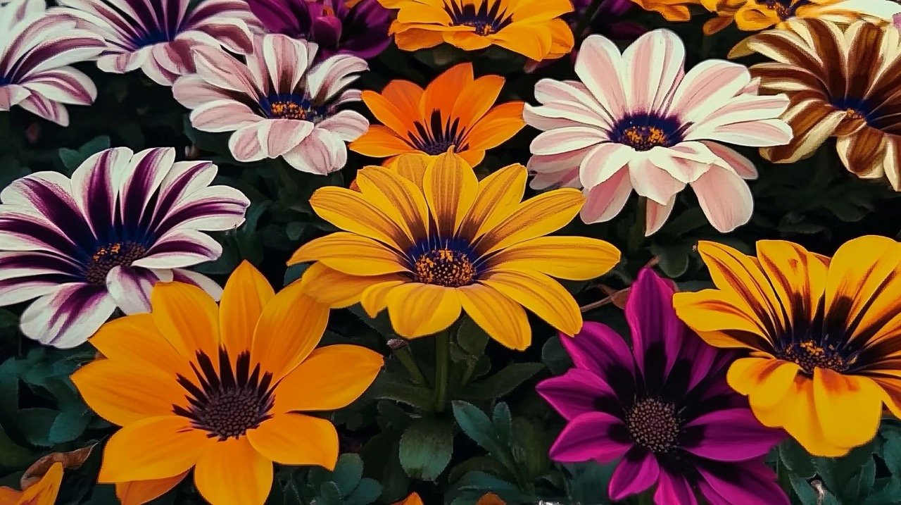 Different colors of Gazania rigens flowers in bloom, including yellow and brown striped petals close-up