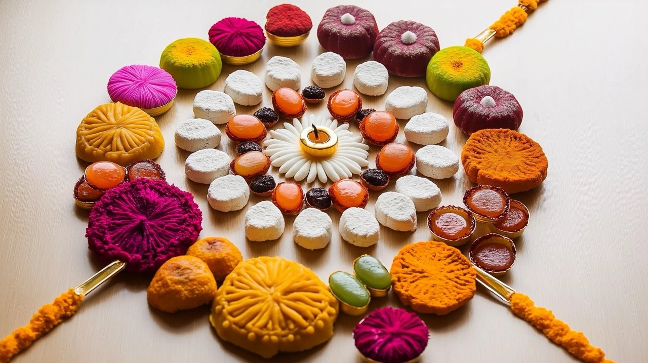 Diwali Rangoli Design Featuring Diya, Flowers, Gulab Jamun, Rasgulla, Kaju Katli, Sweets