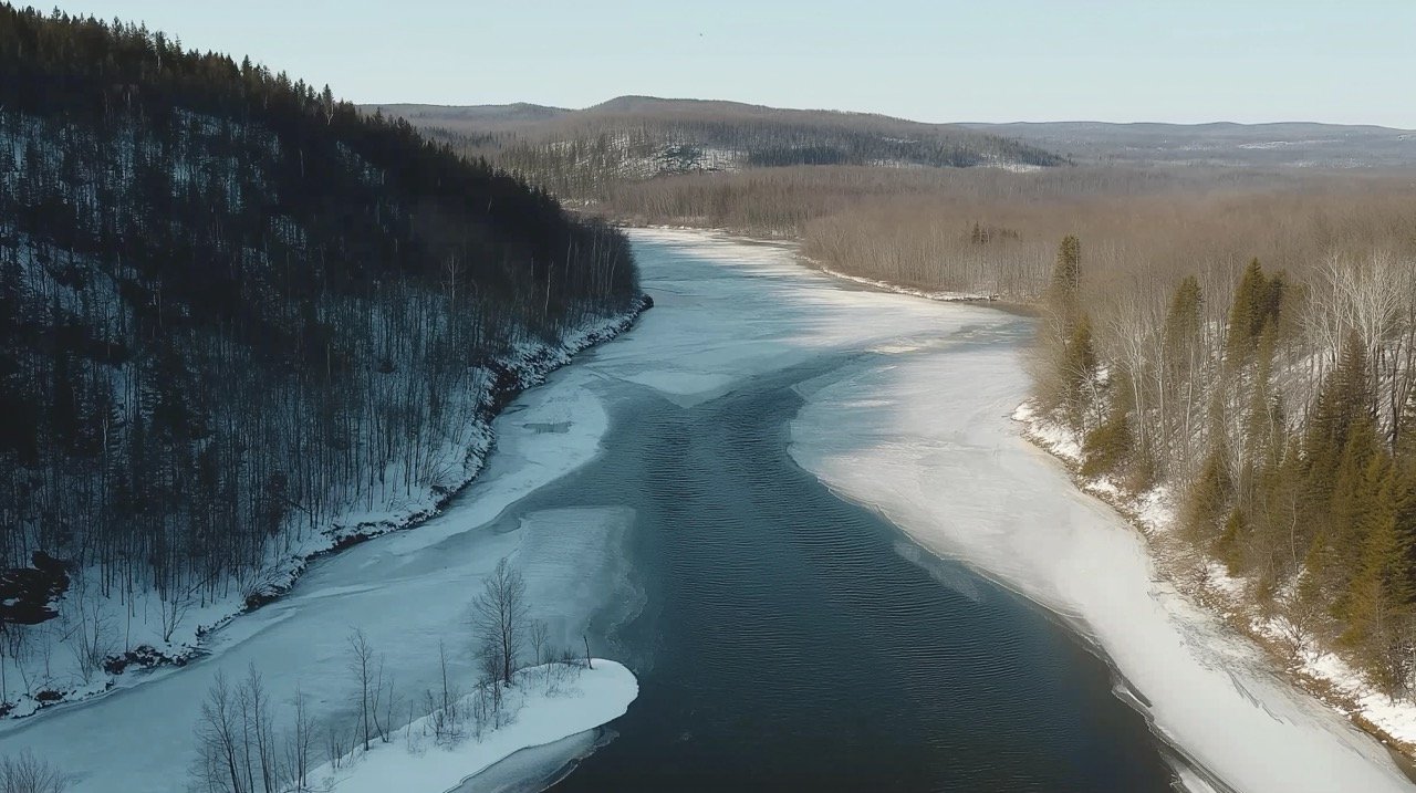 Drone View of Boreal Forest and River in Quebec, Canada During Springtime, 4K Video