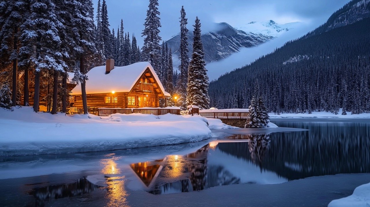 Emerald Lake Lodge in Snowy Winter Landscape Cozy Log Cabin Surrounded by Stunning Canadian Scenery