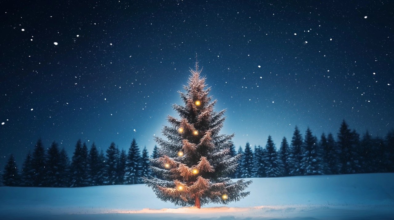 Enchanting Winter Scene with Christmas Tree, Snow, and Nighttime Glow for the Perfect Holiday Vibes