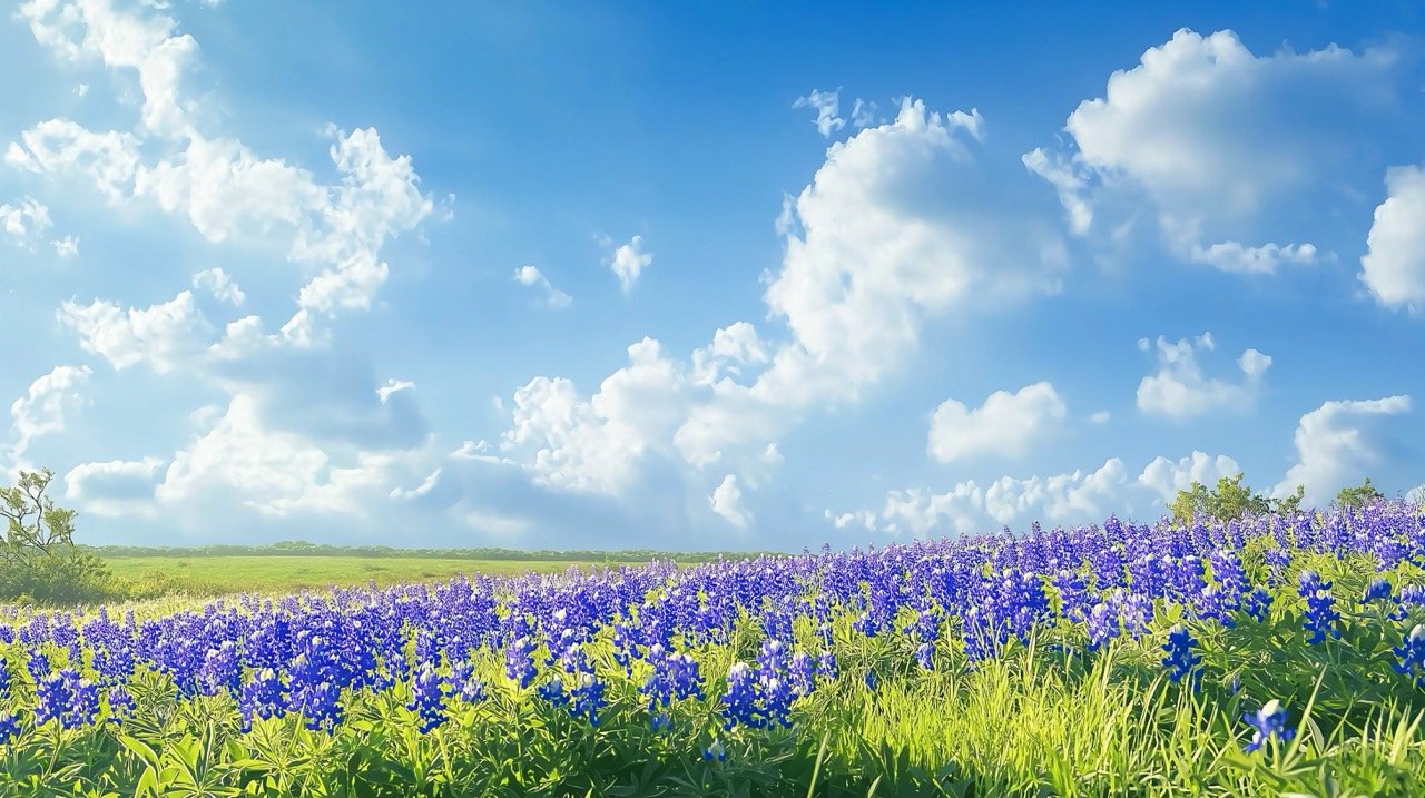 Ennis, Texas bluebonnet field with a bright blue sky, offering a scenic springtime floral backdrop.