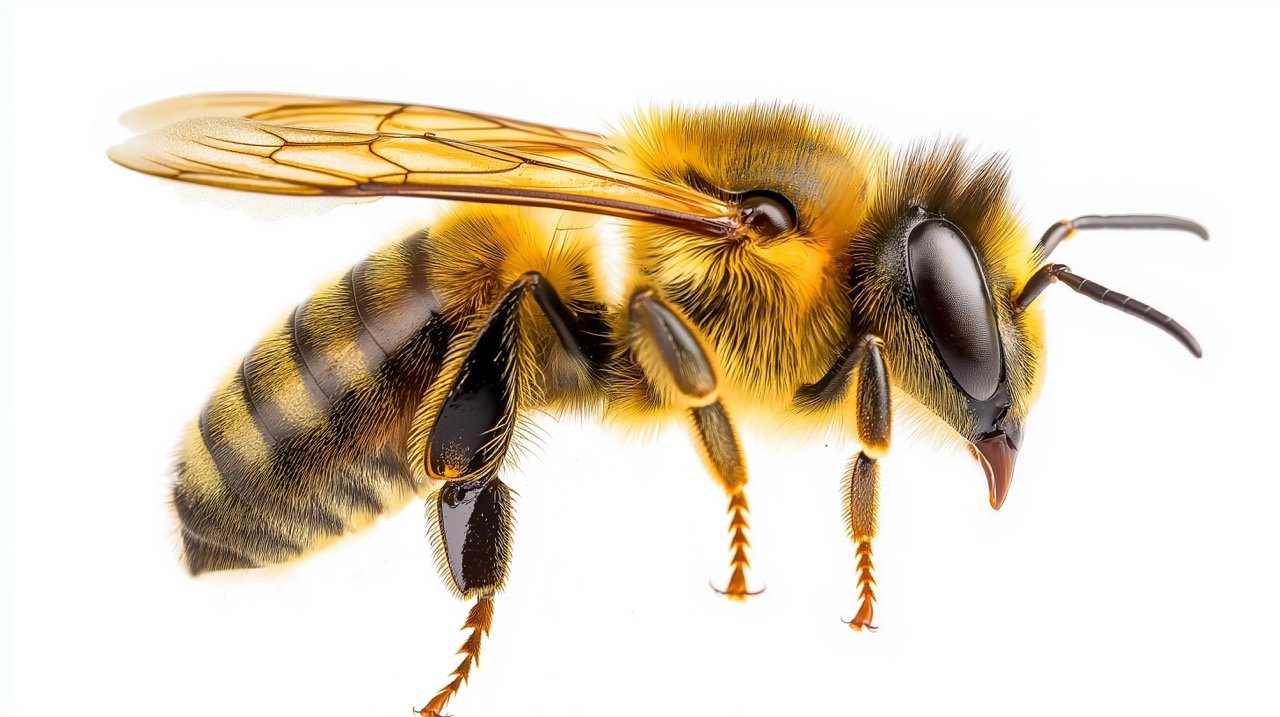 European Insects – Close-Up of Western Honey Bee (Apis Mellifera) in Side View with Wings on White Background.