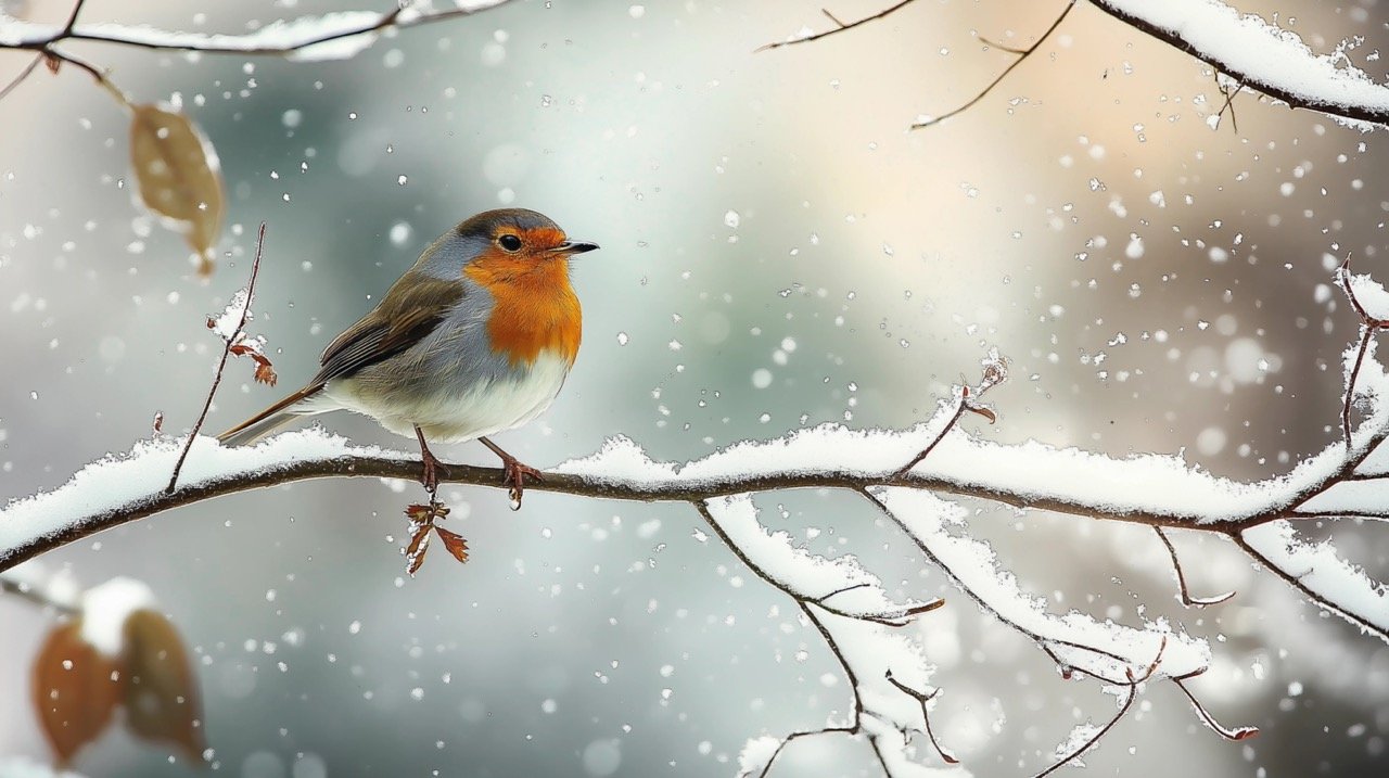 Festive Robin Perched Among Snowy Holly Winter Bird Stock Photo Perfect for Holiday and Nature Themes