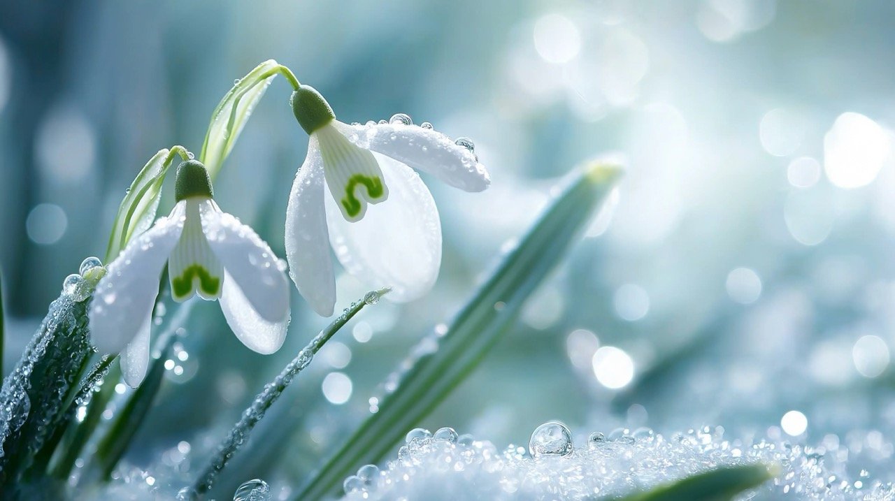 First spring snowdrops in the garden, featuring water droplets on flowers, symbolizing the shift from winter to spring.