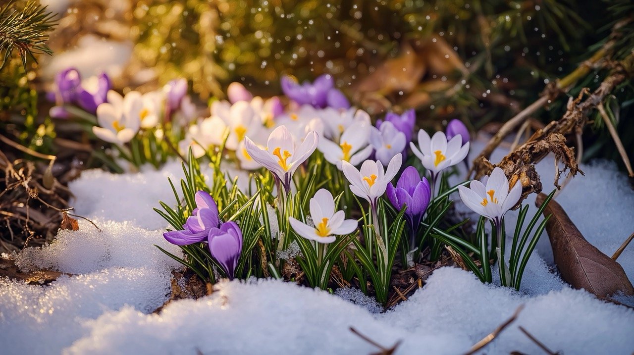 First tender primroses and wild crocuses blooming in snow, showcasing spring plants, seasons, and weather.