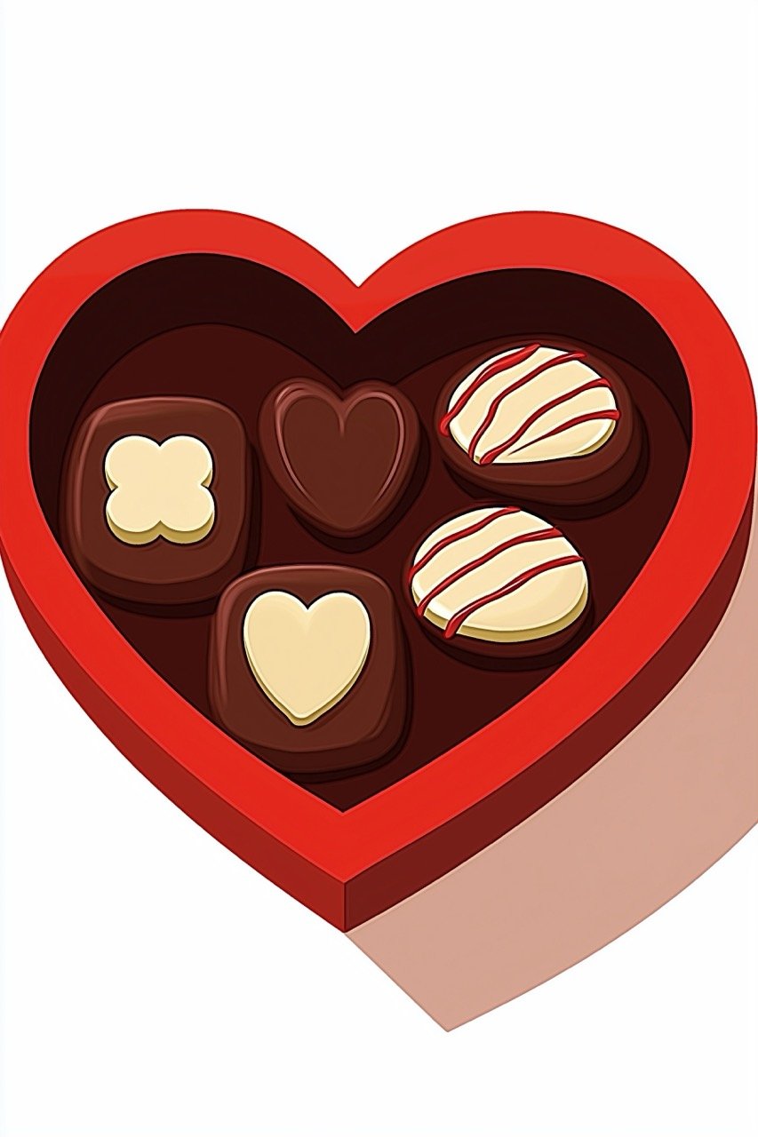 Flat illustration of a heart-shaped box with chocolates and sweets for Valentine’s and romantic occasions.