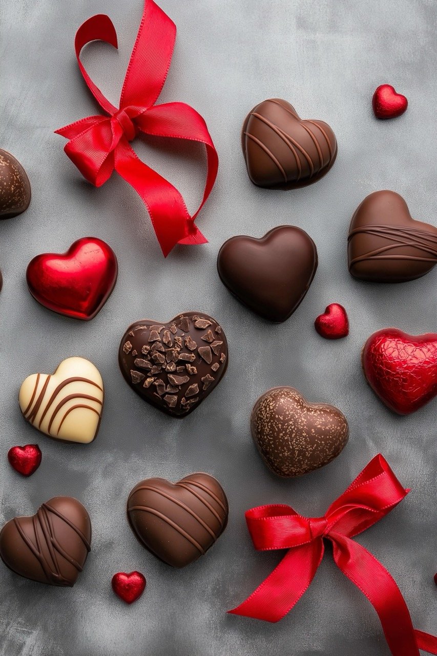 Flat lay of heart-shaped chocolate candy wrapped with red ribbon for Valentine’s Day sweet gifts.