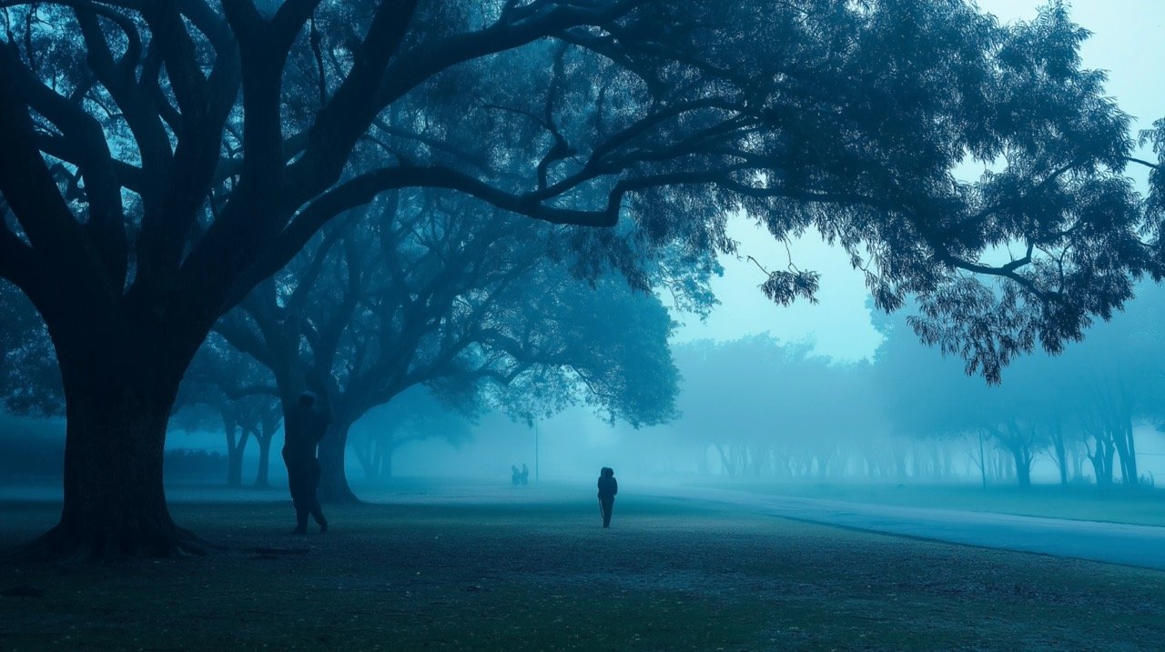 Foggy Winter Morning in Kolkata Maidan Serene Night View with Banyan Tree and Natural Beauty