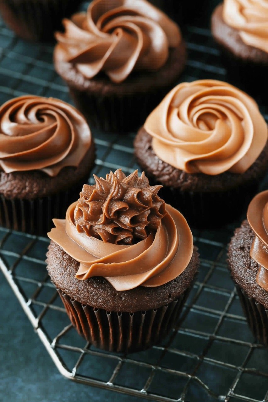 Fresh Homemade Chocolate Cupcakes with Chocolate Icing, Dark Paper Cases on Cooling Rack Stunning Photo