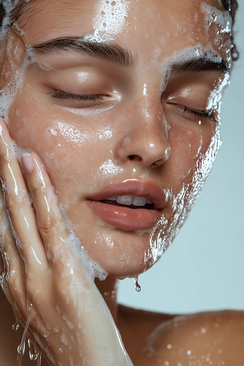 Fresh Natural Beauty Woman Washing Her Face with Water, Hands Close-Up, and White Background