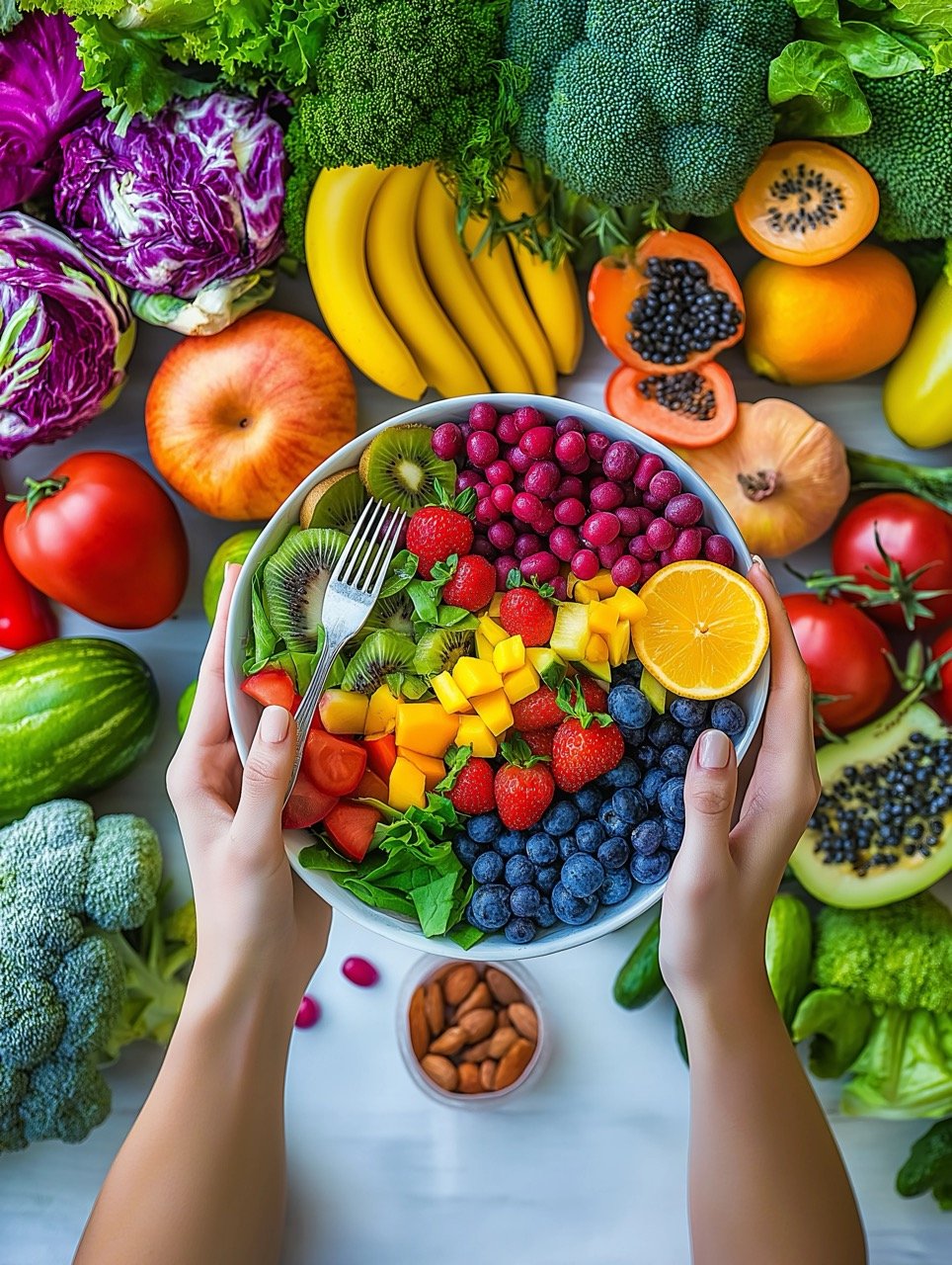 Fresh Rainbow Salad with Multicolored Fruits and Vegetables, Woman Enjoying Healthy Eating and Dieting