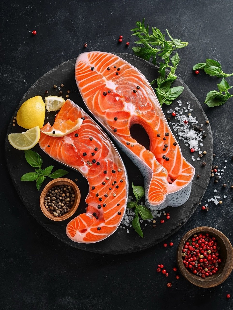 Fresh Raw Salmon Steak with Cooking Ingredients and Lemon Ready for Grilled Baking on Dark Surface