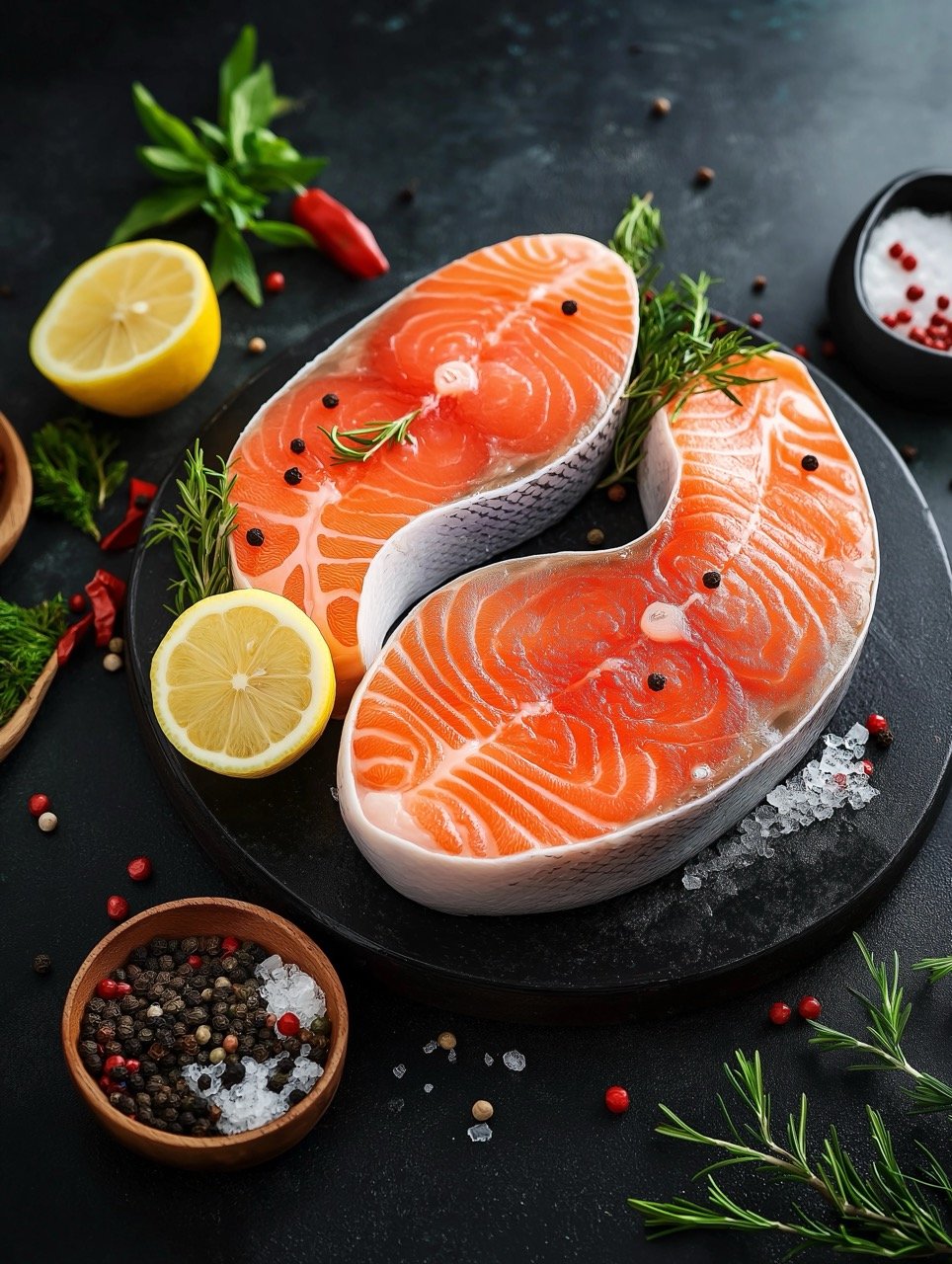 Fresh Raw Salmon Steak with Herbs, Lemon, and Ingredients Prepared for Grilling on Black Background