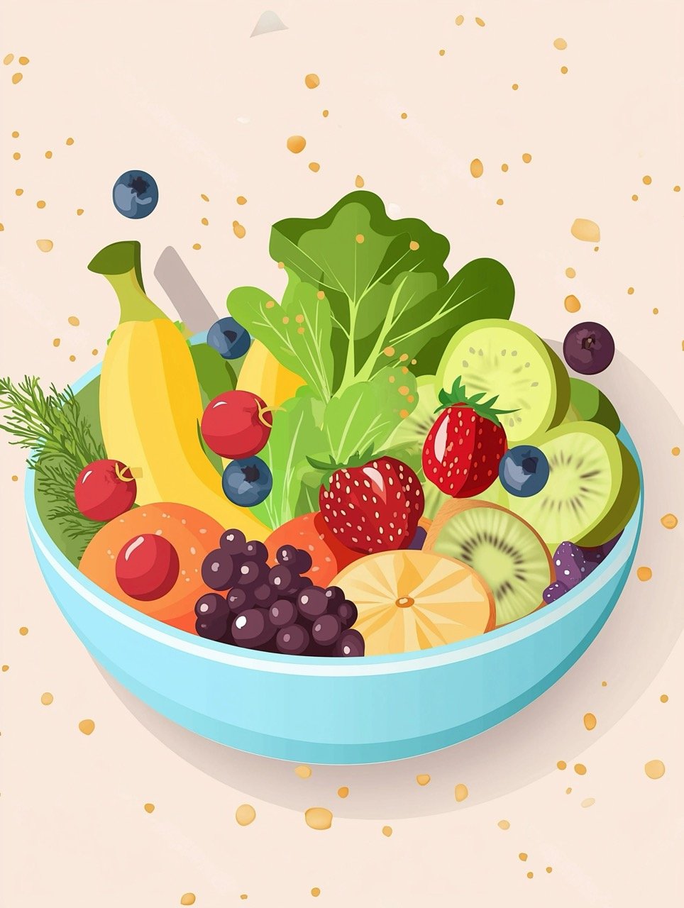 Fresh Seasonal Fruits and Vegetables with Berries and Greens in a Deep Plate, Vector Artwork