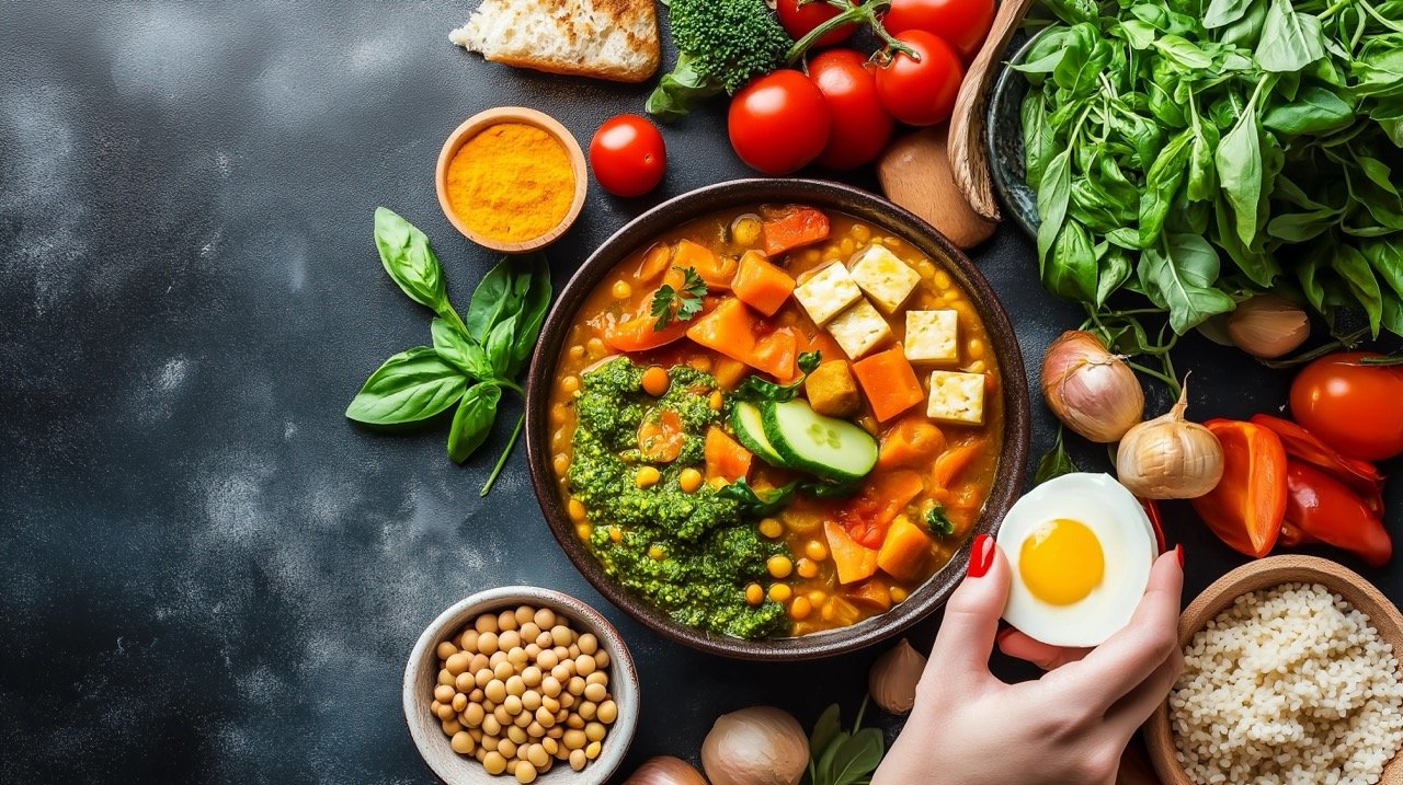 Fresh and nutritious vegetarian food background with vegetables, pesto, lentil curry, and tofu for healthy eating