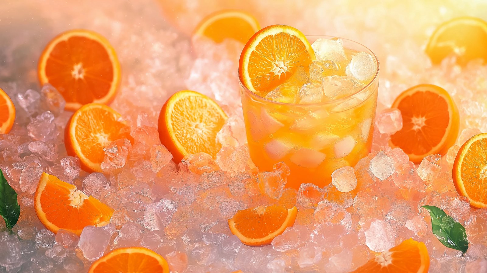 Fresh orange, full and sliced, with ice cubes on a vibrant orange background for summer drink.