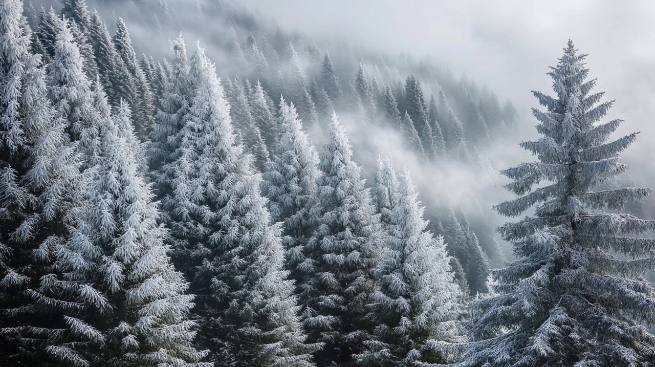 Frosted Conifers in Snowy Mt. Hood National Forest Stunning Winter Landscape with Trees and Mountains