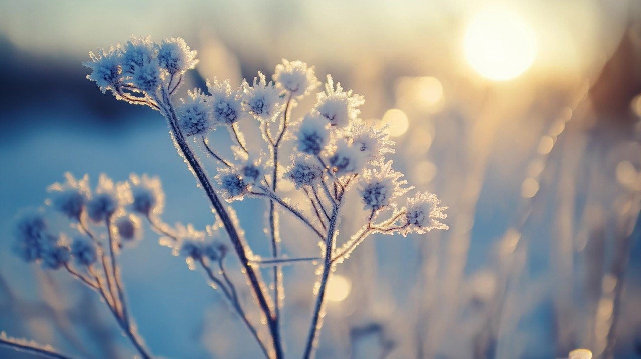 Frozen Meadow Plant in Snowy Winter Landscape Frost-Covered Leaves and Serene Natural Scenery