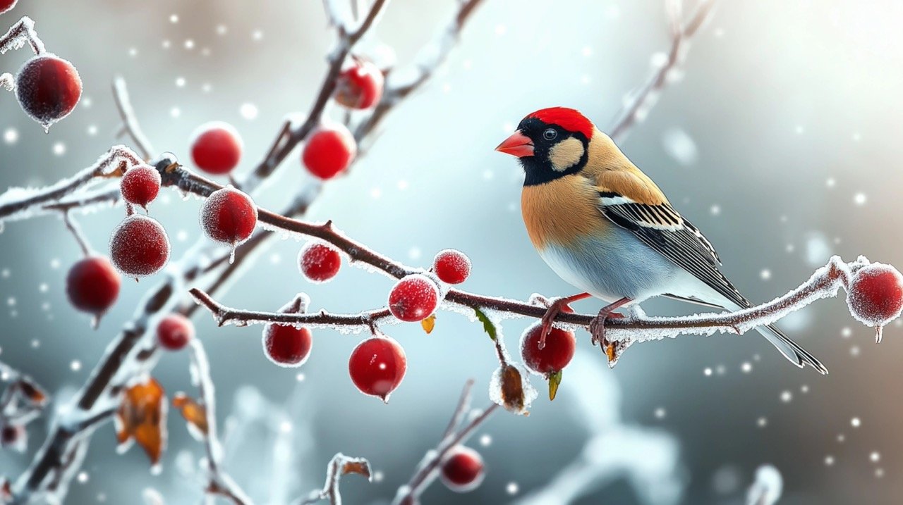 Frozen Rose Hips and European Goldfinch in Snow Captivating Wildlife Stock Image for Nature Enthusiasts