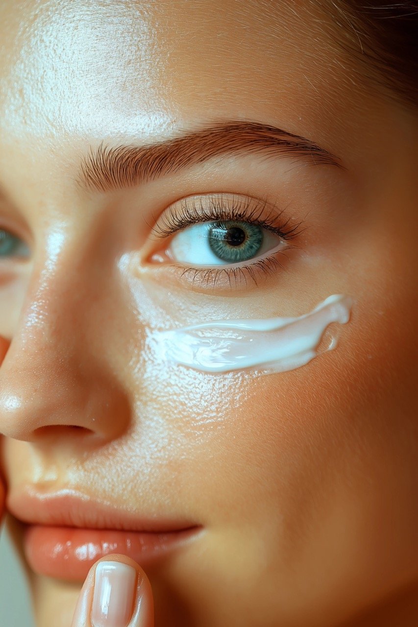 Gentle Skin Care Image of Fair American Woman Rubbing Lotion on Her Face for Radiance